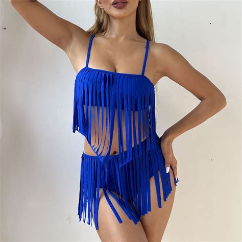 IDALL Bikini Sets Bathing Suit Women S 2 Piece Solid Color Sexy Fringed