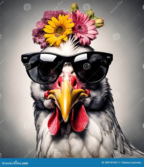 Cool Hen Portrait In Sunglasses With Flowers On Head Ai Stock Image Image Of Rooster Style