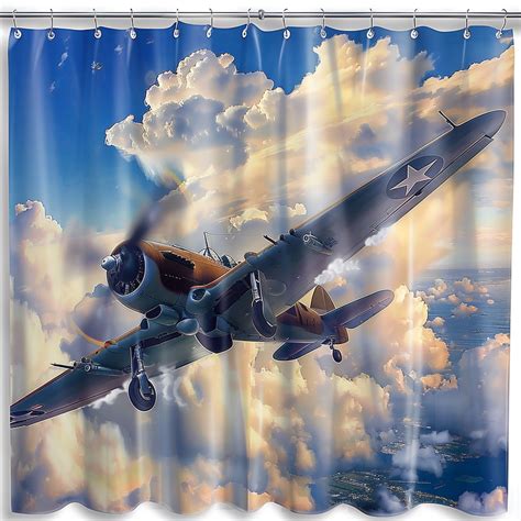 Vintage Wwii Fighter Plane Shower Curtain With Air Brush Art Style Blue