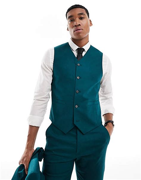 Asos Design Skinny Linen Mix Suit Vest In Teal Green Asos