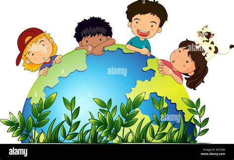 Les Enfants Autour De La Terre Illustration Image Vectorielle Stock Alamy