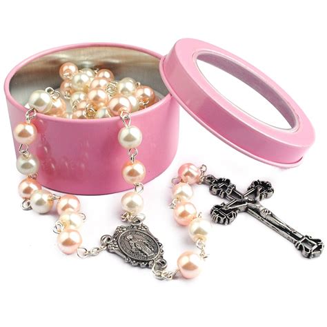 Hanlincc Mm Pink And White Glass Pearl Beads Rosary Neacklace With