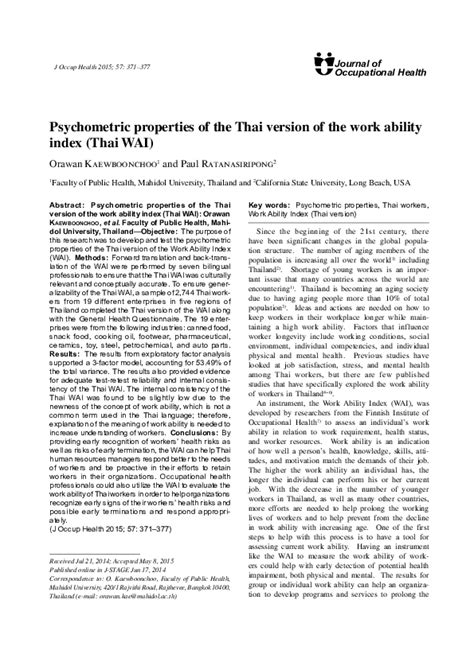 Pdf Psychometric Properties Of The Thai Version Of The Work Ability Index Thai Wai Orawan