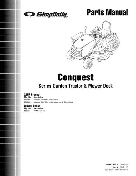 Simplicity Conquest Garden Tractor & Mower Deck Parts Manual - Tradebit