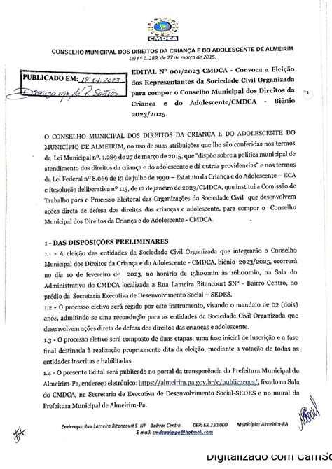 Edital nº 001 2023 CMDCA Convova Eleição dos Representamtes da