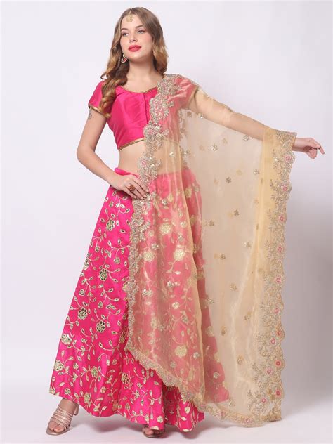 Buy Dupatta Bazaar Gold Toned And Pink Embroidered Organza Dupatta With