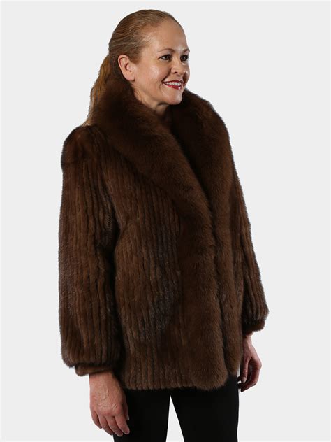 Mahogany Cord Cut Mink Fur Jacket With Fox Tuxedo Estate Furs