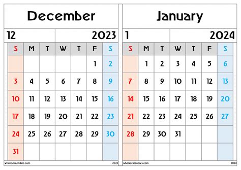 Free December 2023 January 2024 Calendar Printable Two Month