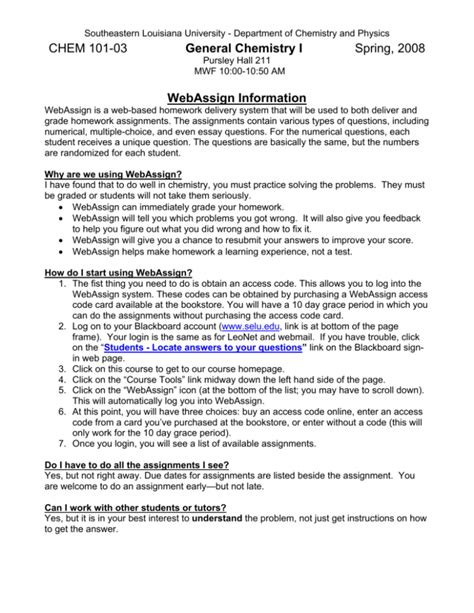 Chem General Chemistry I Spring Webassign