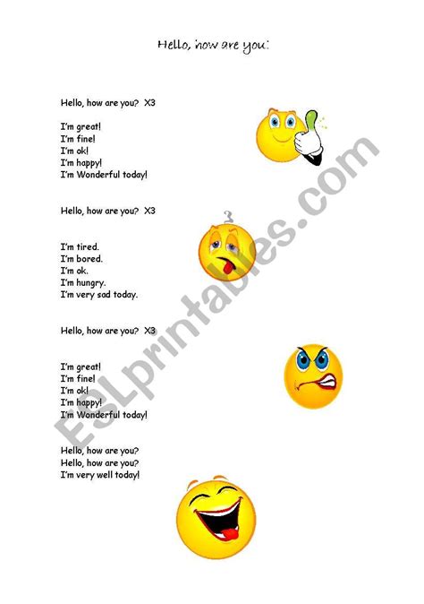 English worksheets: Hello, how are you! Song