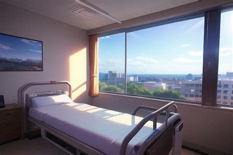 Premium AI Image | A hospital room with a view of the city.