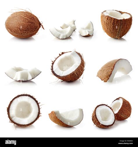 Set Of Coconut Halves Pieces And Whole Coconut Isolated On White