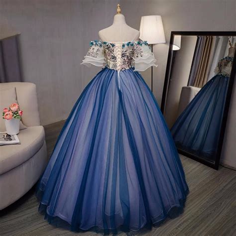 Ball Gown Prom Dresses Royal Blue And Ivory Hand Made Flower Prom Dress