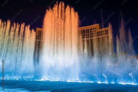 Las Vegas City Nightscape with red and blue night water fountain ...