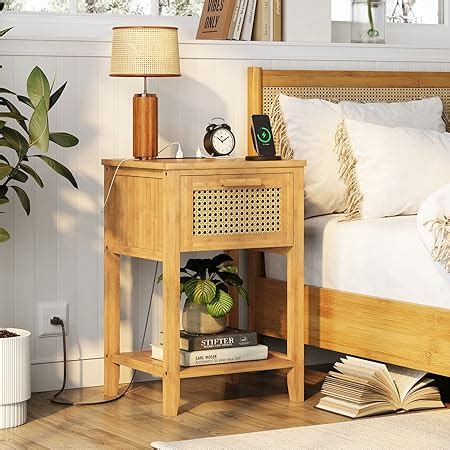 Viagdo Nightstand With Charging Station And Rattan Drawer Rattan Night