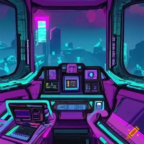 Cozy Lofi Cyberpunk Spaceship Cockpit Mostly Using Neon Blue And Neon