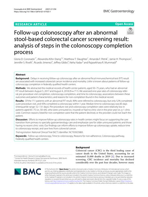 Pdf Follow Up Colonoscopy After An Abnormal Stool Based Colorectal Cancer Screening Result