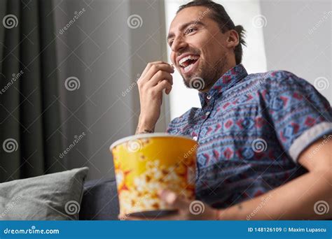 Laughing Man Eating Popcorn And Watching Film Stock Image Image Of