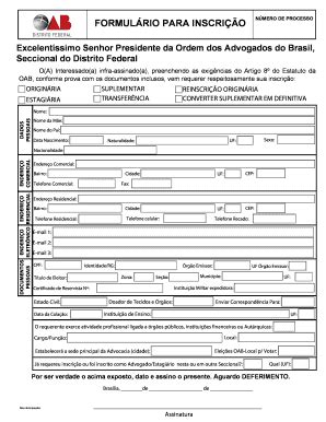 Preenchível Disponível oabdf org Formul rio para inscri o n mero de