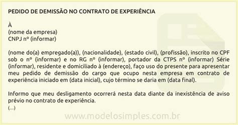 Modelo de Pedido de Demissão no Contrato de Experiência Contrato