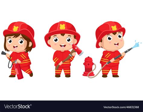 Cute Fire Fighter Team Cartoon With Safety Tools Vector Image