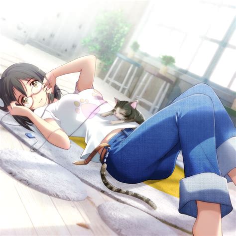 Safebooru Barefoot Belt Black Hair Breasts Brown Eyes Casual Cat Cat Paw Character Request