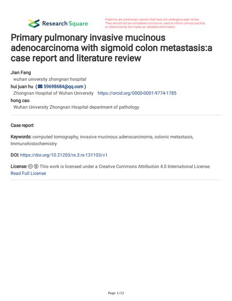 Pdf Primary Pulmonary Invasive Mucinous Adenocarcinoma With Sigmoid Colon Metastasis A Case