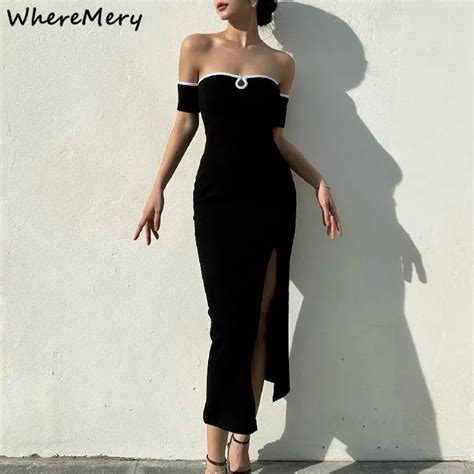 WhereMery Vestido Largo Negro Con Cuello Oblicuo Para Mujer Prenda