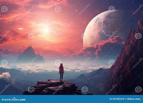 Woman Standing On The Edge Of A Cliff With A View Of The Planet Earth