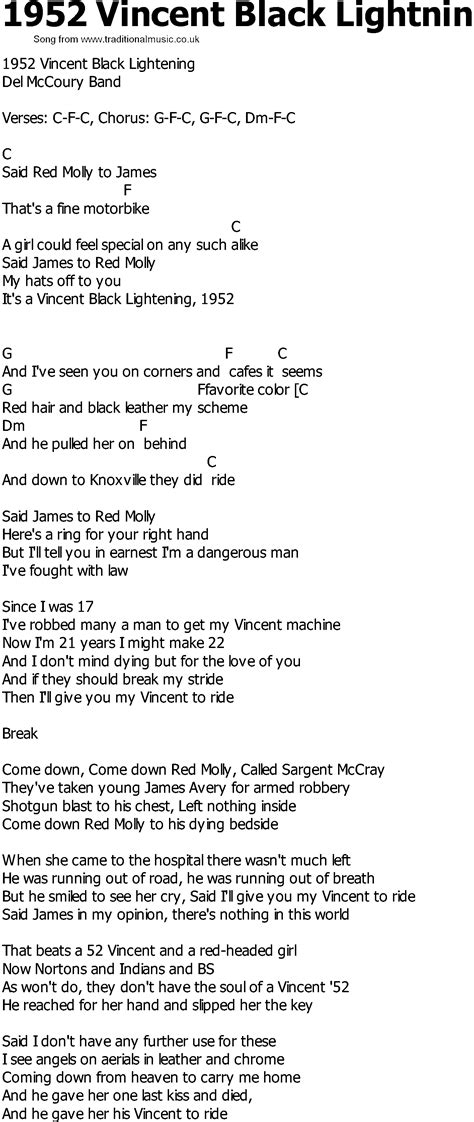 Early Old Country Song Lyrics With Chords Vincent Black Lightnin