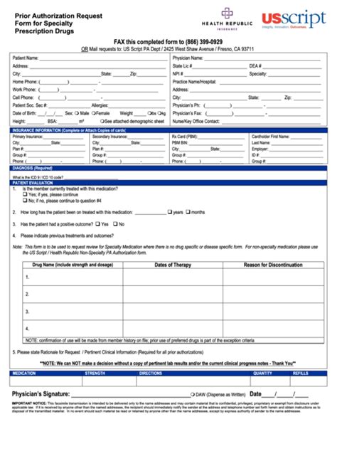 Us Script Prior Authorization Request Form For Specialty Prescription Drugs Printable Pdf Download