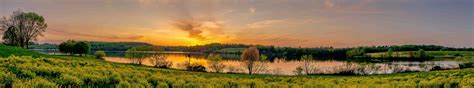 Green Grass Fields Sunset Lake Panorama Grass Hd Wallpaper