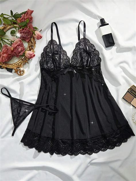 Classic Sexy Contrast Lace Mesh Babydoll Sexy Lingerie Dress With Thong