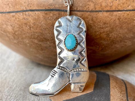 Vintage Sterling Silver Turquoise Cowboy Boot Pendant With Chain