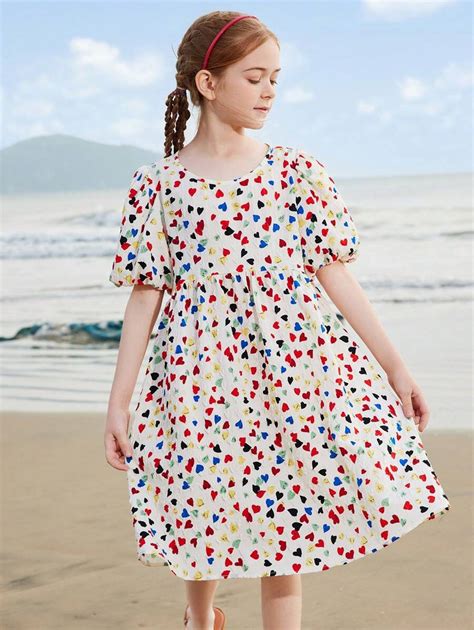 Tween Girl Heart Print Puff Sleeve Smock Dress SHEIN USA