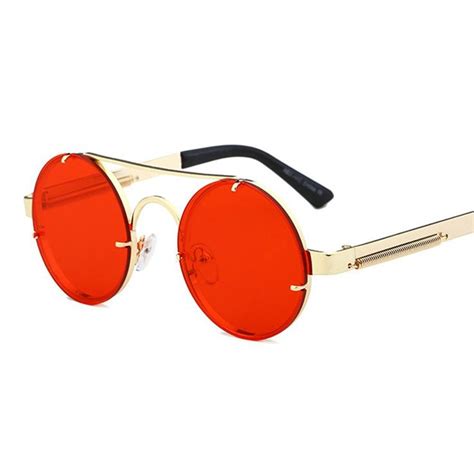 Peekaboo Red Lens Unisex Round Vintage Steampunk Sun Glasses Gold