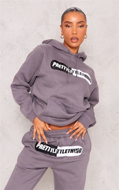 Plt Charcoal Logo Detail Oversized Hoodie Prettylittlething Usa