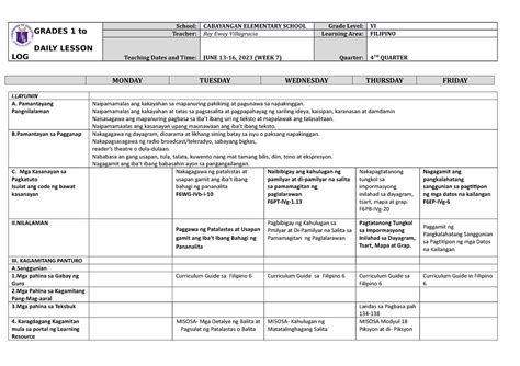 Dll Filipino 6 Q4 W7 Educational Purposes Only Grades 1 To 12 Daily Lesson Log School