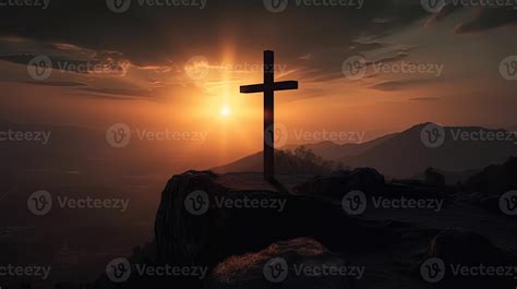 Mountain Majesty Artistic Silhouette of Crucifix Cross Against Sunset ...