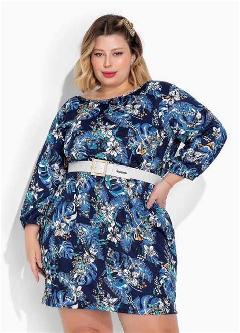 Vestido Floral Azul Com Mangas Longas Plus Size Marguerite