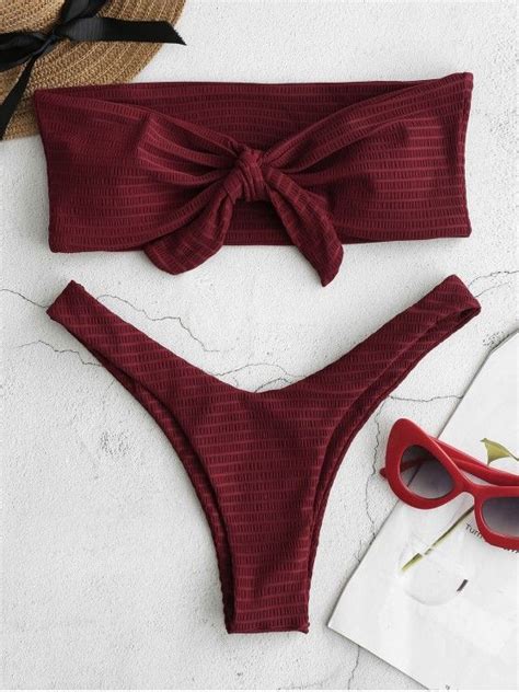 ZAFUL Textured Knot Bandeau Bikini Set RED WINE L Bandeau Bikini