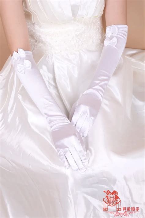 Opera Long White Satin Gloves Brides Wedding Gloves With 2 Bows Elegant Bridal Gloves Bg033