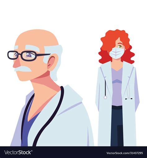 Old man and woman doctor with uniforms and mask Vector Image