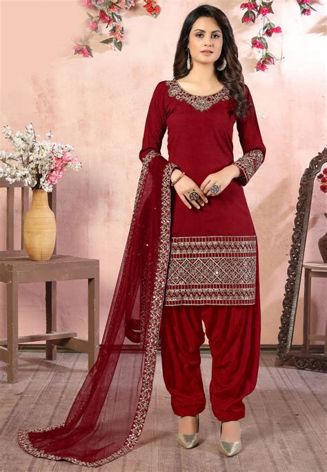 Buy Embroidered Art Silk Punjabi Suit In Red Online Kch Utsav