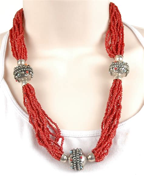 Sale974 Red Glass Bead Tribal Necklace Jewelry Red Red Newsale974