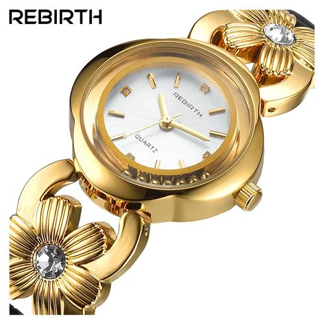 Rebirth Luxury Quartz Dress Women Watch Gold Stainless Steel Leather