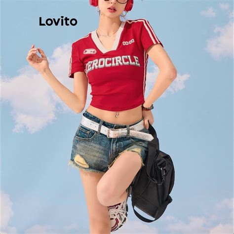 Lovito Women Casual Letter Pattern Crop Top V V Neck Open Shoulder Y K