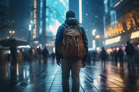 Premium AI Image Back View Of Male Tourist With Backpack Looking