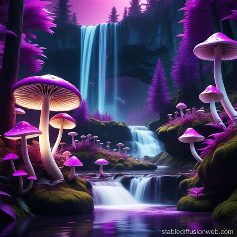 Mushrooms And Waterfall In Woodland Scenery Stable Diffusion Online