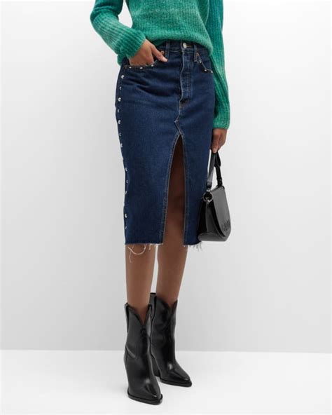 Mother The Ditcher Frayed Denim Midi Skirt Neiman Marcus